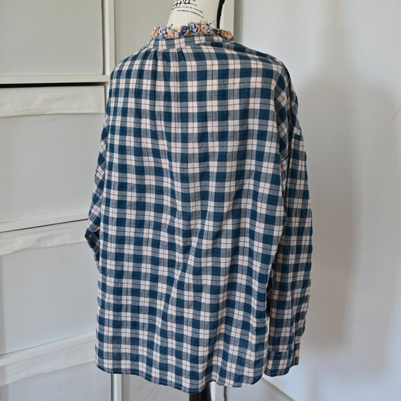 ANTHROPOLOGIE PILCRO Peach Tavi Plaid Button-Down Blouse in Navy LARGE - Picture 8 of 9